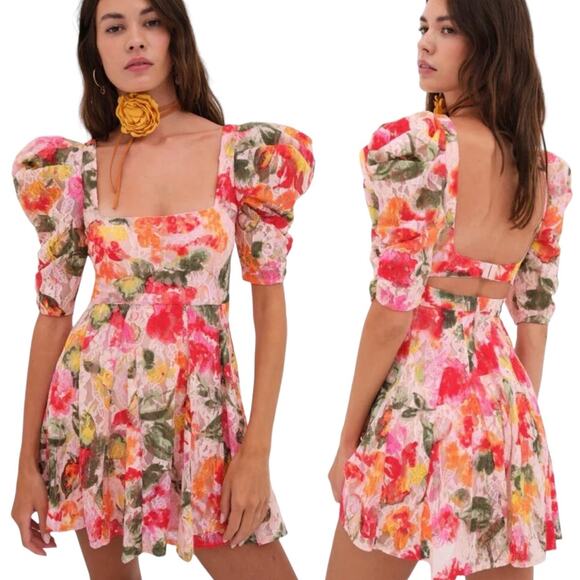 NWT! For Love & Lemons Dascha Puff Sleeve Floral Mini Dress - Size Medium - Picture 1 of 14